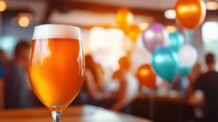 A glass of refreshing craft beer sits on the counter, capturing golden hues under warm lighting while a festive atmosphere buzzes with people and vibrant balloons in a brewery