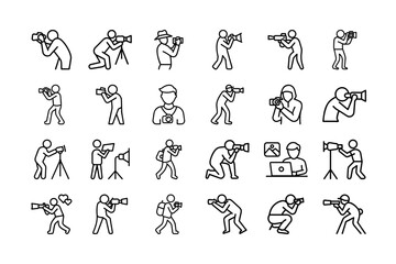 Set of Photographer Icons in Outline Style Collection of Camera Operator and Photo Shooting Poses Including Tripods, Portraits, Studio Equipment, and Travel Photography Concepts. 