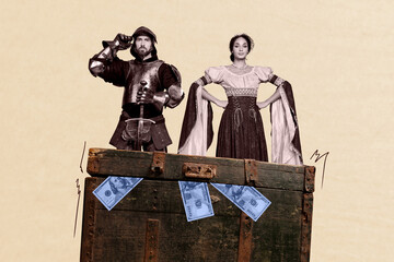 Template poster trend artwork 3D photo collage of retro style couple knight man lady stand dollars...