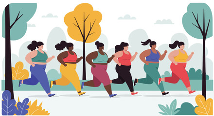 Group of diverse women running together in colorful activewear outdoor fitness activity in park vector illustration 