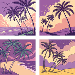 Obraz premium A group of palm trees swaying under a vibrant, purple sunset. 