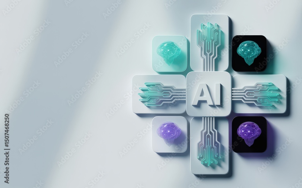 Poster artificial intelligence concept with circuit board and brain icons.