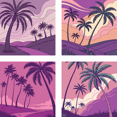 Fototapeta premium A group of palm trees swaying under a vibrant, purple sunset. 