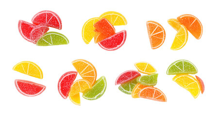 Collection set of fruit jelly slices isolated on transparent or white background, png