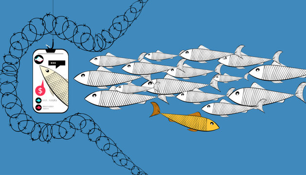 influence of propaganda on the masses in social networks, manipulation, online, sales scam. society Opinion leadership active media user, fish and hook.	