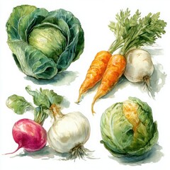 Vibrant Watercolor Art: Cabbage, Carrots, and Radish in Organic Produce Harvest Illustration for Healthy Eating and Sustainable Living