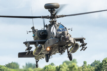 A Boeing AH-64 Apache military attack helicopter. 