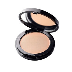 Close up of a face powder compact with a mirror open against a black background in studio lighting