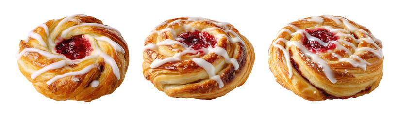 Collection set of raspberry danish pastries with icing isolated on transparent or white background, png