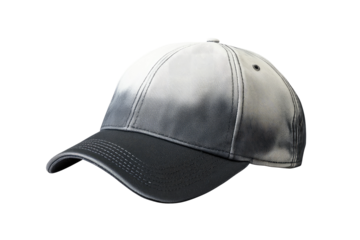 A close up shot of a two toned baseball cap with a gradient from white to black on a black background
