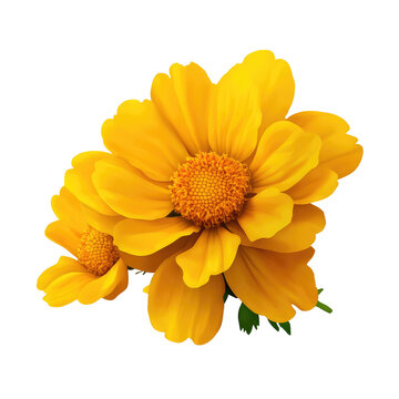 Fototapeta A close up view of two yellow flowers with orange centers on a black isolated background image shot