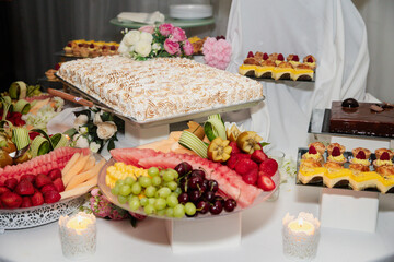 top view of a plate filled with fruit and a cake on a desert table at a buffet with raisins and melons