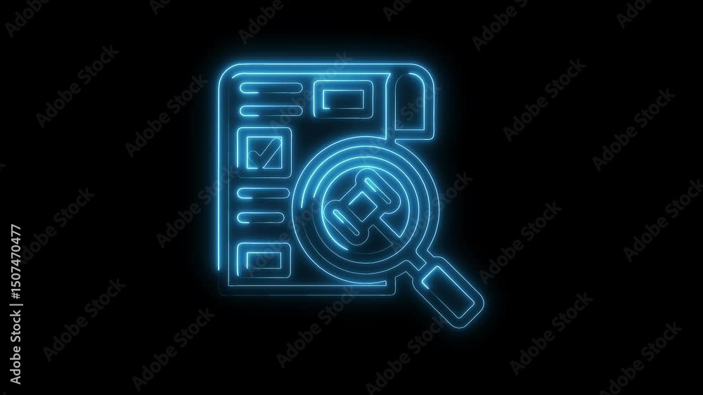 Poster neon search engine optimization concept checkmark and magnifying glass icon animation