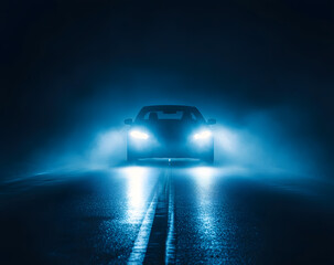 A car driving on the road in thick fog at night, illuminated by its headlights, front view.