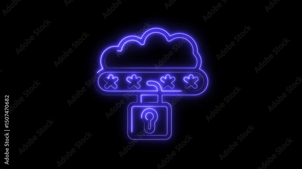 Poster cloud security open lock glowing neon style animation data protection concept
