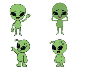 Four cartoonish green aliens are arranged in a grid. The top left alien is waving, while the top right alien has a happy expression with hands on its cheek