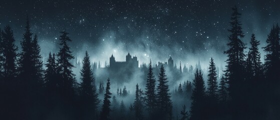 Curtains Enchanted castle silhouette in mysterious dark forest