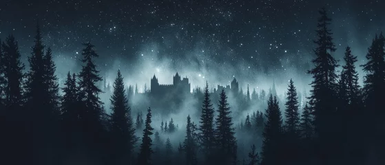 Poster Enchanted castle silhouette in mysterious dark forest
