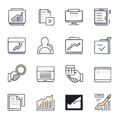 Detailed Business Finance and Analytics Icon Set in Monochrome with Elegant Line Art and Geometric Patterns