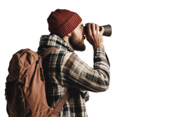 Adventurer Stopping on a Mountain Trail to Observe the Surrounding Landscape with Binoculars Isolated on Transparent Background PNG