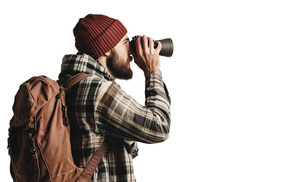 Adventurer Stopping on a Mountain Trail to Observe the Surrounding Landscape with Binoculars Isolated on Transparent Background PNG