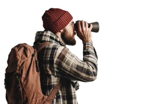 Adventurer Stopping on a Mountain Trail to Observe the Surrounding Landscape with Binoculars Isolated on Transparent Background PNG