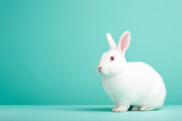 Obraz premium white rabbit sitting against turquoise background in minimalist setup