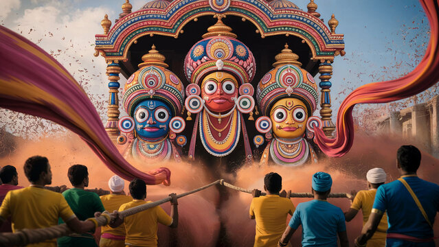 Rathyatra car festival in Puri, Orissa, India.Indian festival Rath Yatra means Chariot Festival. with text subh rath yatra means happy rath yatra, peoples are celebrating the festival.
