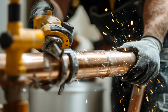 Worker Using Angle Grinder on Copper Pipe