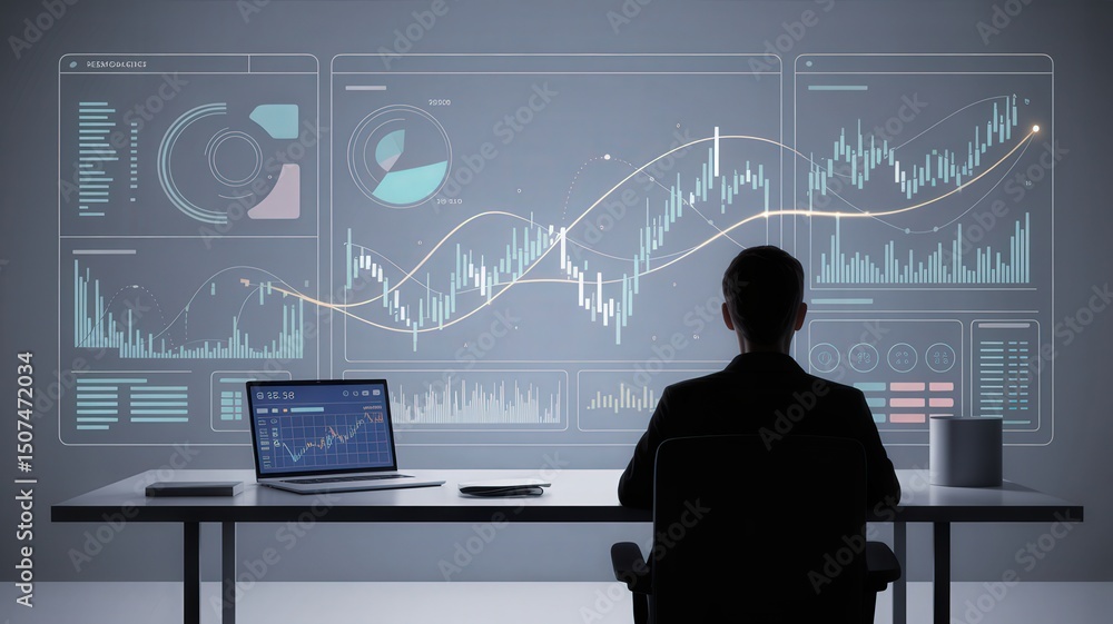 Poster trader analyzes stock market data on screen and laptop.