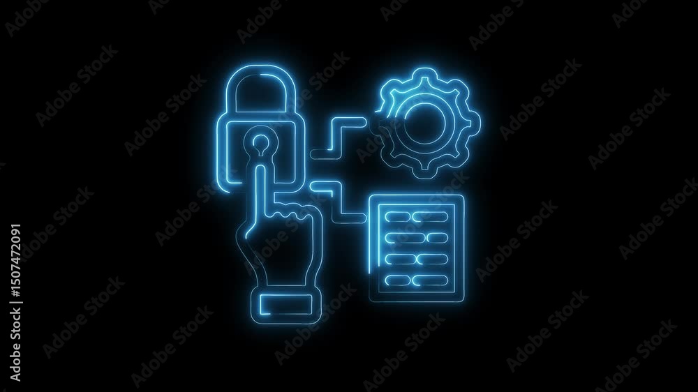 Poster neon illustration of cyber security automation and data encryption process with padlock gear and han