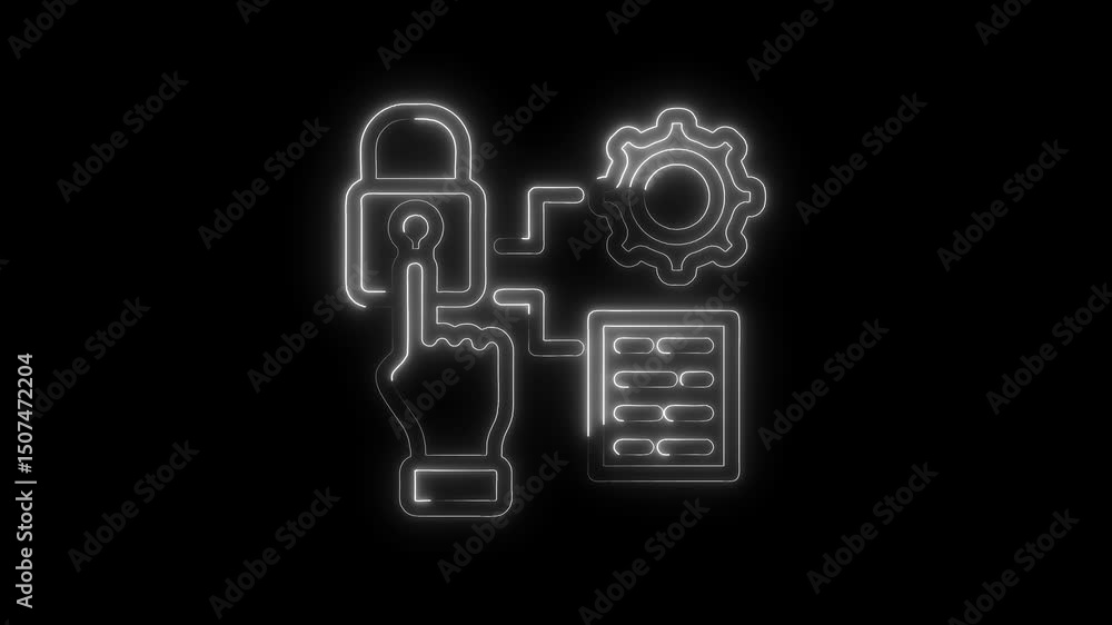 Aufkleber cybersecurity system management showing padlock gear and data with neon light effect on black