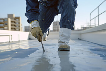 Worker Applying Waterproof Coating on a Rooftop
