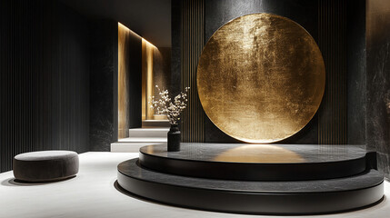 Elegant Modern Interior Design with Gold Circular Accent Wall and Dark Marble Flooring