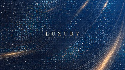 Luxury blue background with golden curves on glowing halftone backdrop. Design concept suitable for award ceremony or grand opening and campaign banner for promoting premium products.