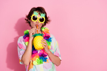 Photo of lovely young woman sipping cocktail empty space wear shirt isolated on pink color background