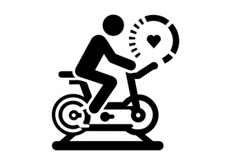 Person on exercise bike with heart rate icon silhouette on white