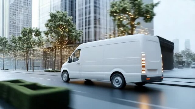 A delivery van navigates among tall buildings adorned with bright lights as dusk settles over the bustling city landscape