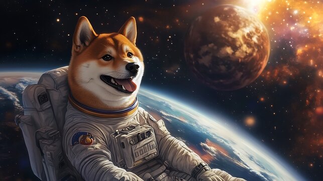 Shiba Inu dog in astronaut suit amidst celestial bodies.