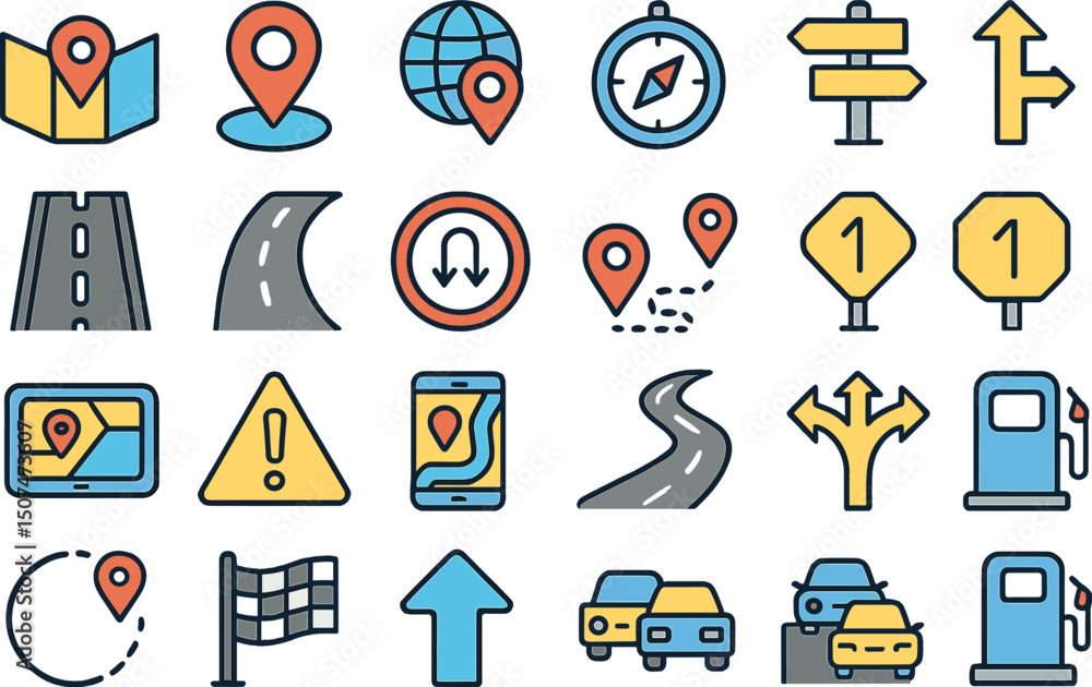Aufkleber a set of editable stroke outline icons related to navigation and roads is isolated on a white backgr
