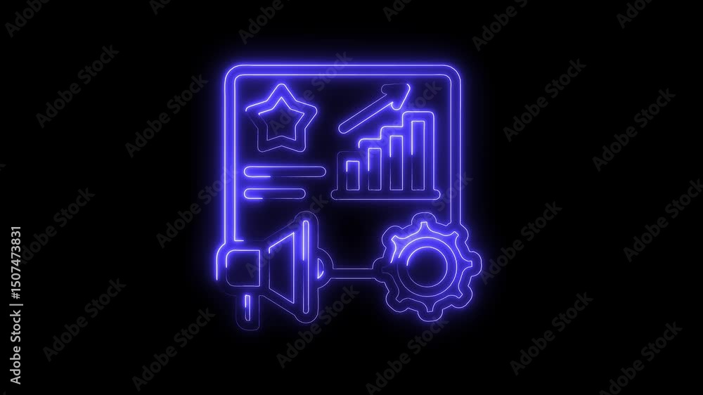 Poster neon business analytics data optimization and marketing tools glowing on a black background