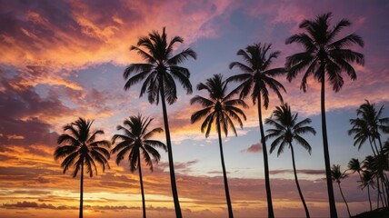 Obraz premium Tropical palm tree silhouettes against a sunset over the ocean