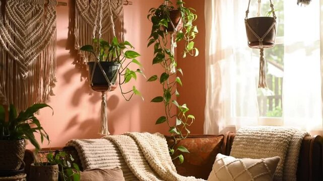 Bohemian chic interior with indoor plants and macrame details, ultra HD, soft natural tones