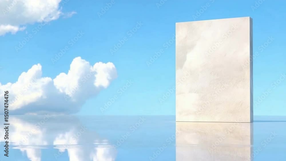 Poster serene sky's portal: a pristine rectangular structure floats atop reflective waters under a vast, cl