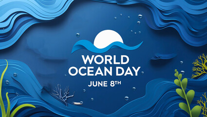 World Ocean Day Banner June 8th Ocean Conservation Abstract Blue Waves and Marine Plants