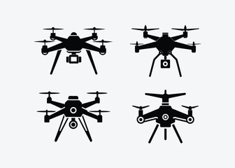 Modern Futuristic Drone Silhouette with a Camera, Vector Set