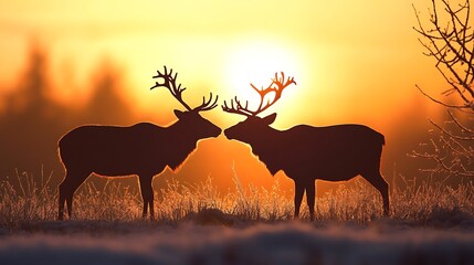 Two deer silhouettes at sunrise.