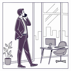 Businessman in suit conversing on phone in modern office with cityscape view during work hours