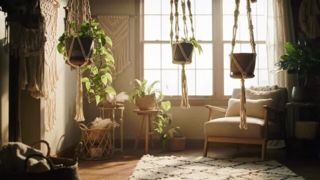 Bohemian chic interior with indoor plants and macrame details, ultra HD, soft natural tones