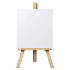 A front view of a wooden easel with a blank white canvas ready for painting or artistic creation use